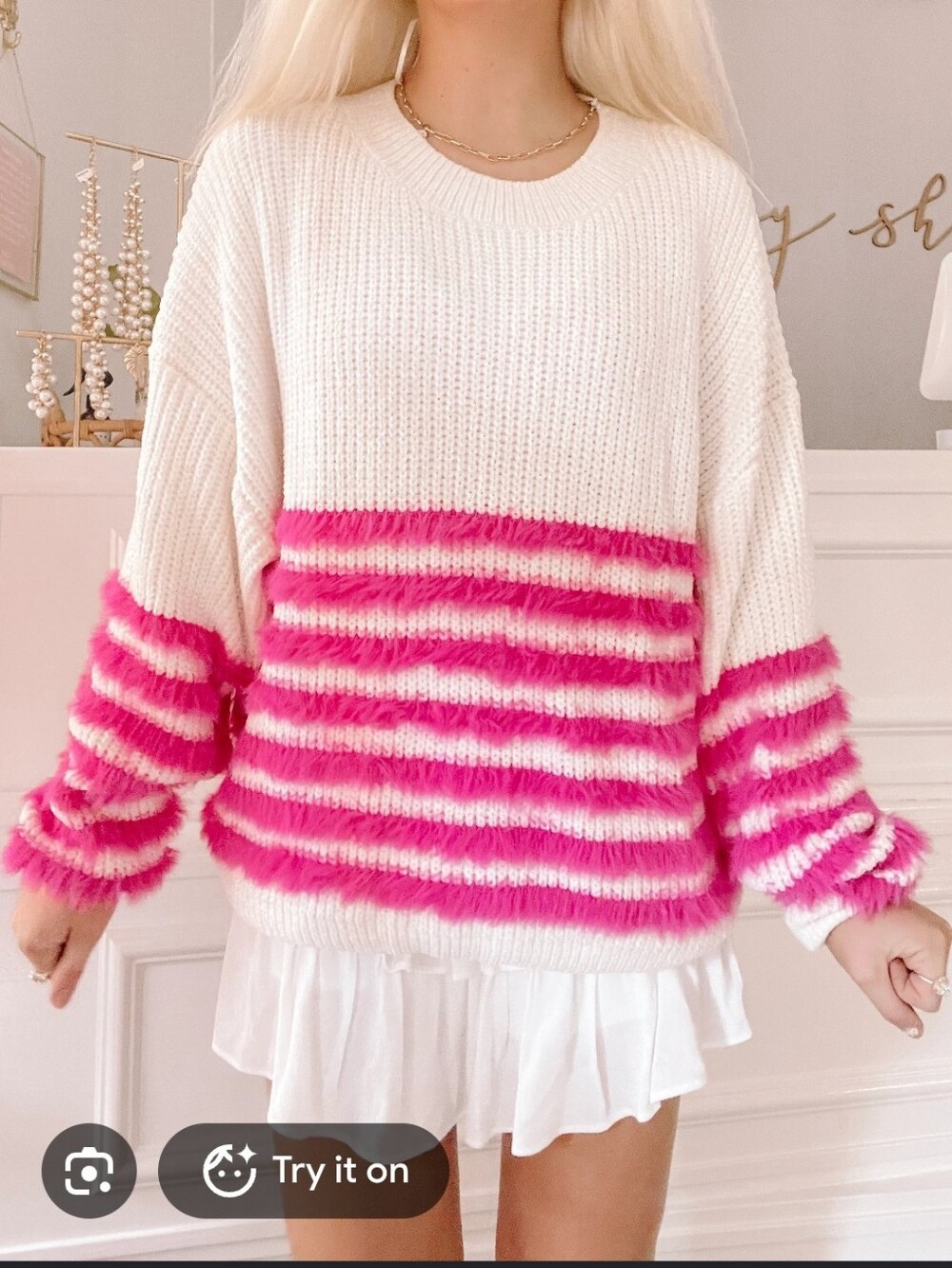 eesome Cream Knit Sweater with Hot Pink Stripes